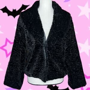 90’s Vintage Cejon Black Faux Fur Lambswool Glam Goth Waist Length Coat Jacket M